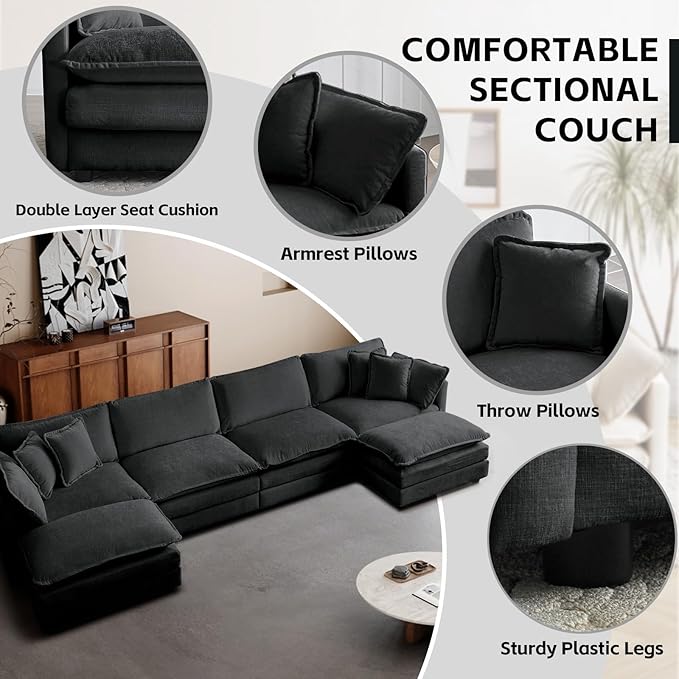 SoarFlash Chenille Sectional Sofa, Comfy L/U Shaped Modular Coush Sofa with Ottoman, Modern 4 Seat Couch Deep Seat Sofa Set for Living Room,Grey