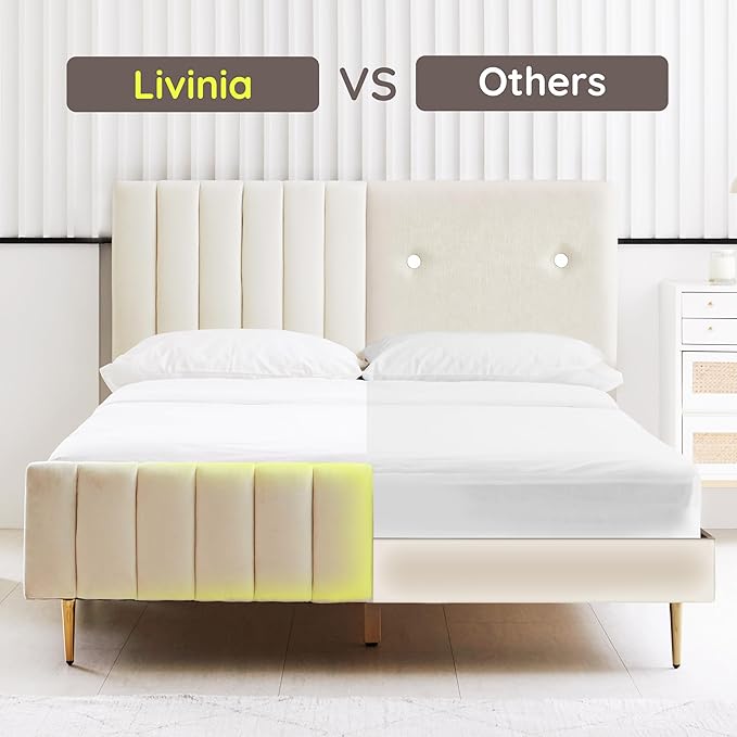 Livinia Full Size Elton Velvet Platform Bed, Upholstered Bed Frame with Vertical Channel Tufted Headboard Footboard, Strong Wood Slats, No Box Spring Needed, Ivory (Full)