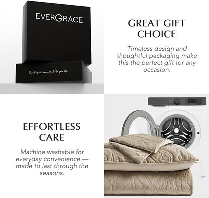 EVERGRACE Luxury Pearl Velvet Quilt Set Queen Size 3 Pieces, Soft Paisley-Stitch Velvet Comforter Set with Pillow Shams, Lightweight Bedspread Coverlet Bedding Set, Natural