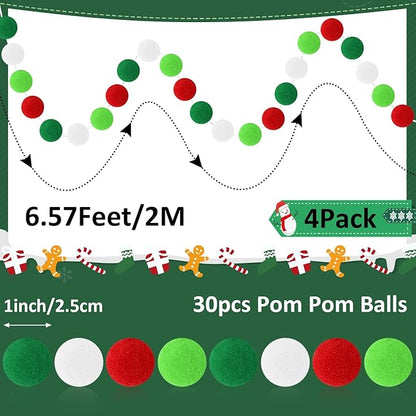 MARFOREVER 4 Pack 26.3 Feet Christmas Pom Pom Garland Ornaments Red White Green 30 Balls Christmas Felt Ball Garland Hanging Supplies for Xmas School Classroom Fireplace Wall Home Party Decor