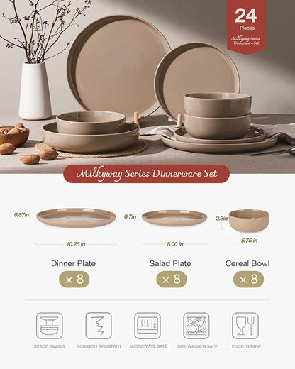 Famiware Milkyway Dinnerware Sets, 24 Piece Dish Set, Plates and Bowls Sets for 8, Cinnamon Brown