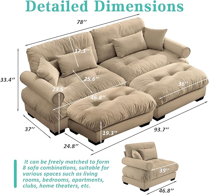 SoarFlash Modern Sofa Couches for Living Room, Small Sectional Sofa Set with Reversible Chaise, Sleeper Sofas and Modular Couch Function, Suitable for Small Spaces in Apartment, Brown