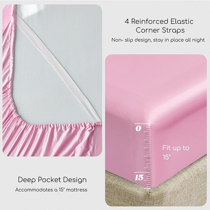 MR&HM Satin Bed Sheets, King Size Sheets Set, 4 Pcs Silky Bedding Set with 15 Inches Deep Pocket for Mattress (King, Pink)