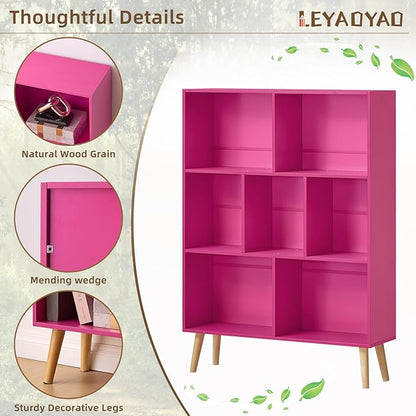 LEYAOYAO 7 Cube Bookshelf,3 Tier Book Shelf with Legs,Pink Modern Bookshelf,Large Freestanding Open Toy Modern Bookshelves,Display Bookcases Decor Furniture for Nursery