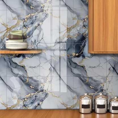 Thick 10pcs Marble Peel and Stick Backsplash Surface Waterproof Wall Panels,Self-Adhesive Marble PVC Foam Wall Panels for Kitchen, Bathroom - 11.8"x11.8" Kitchen Tile(Not Real Tiles,Blue)