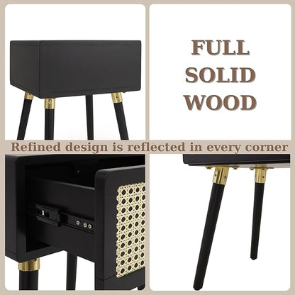 Bme Nipe Black Solid Wood Rattan Woven Cane End Table Bedside Table for Modern Bedroom Boho Living Room