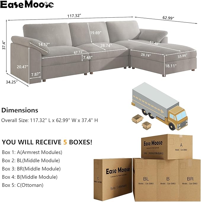 EASE MOOSE Oversized L Shape Sectional Modular Sectional Sofa,Extra Large Comfty Cloud Couch，Deep Seat Wide Modular Sofa for Living Room ，Removable Cover