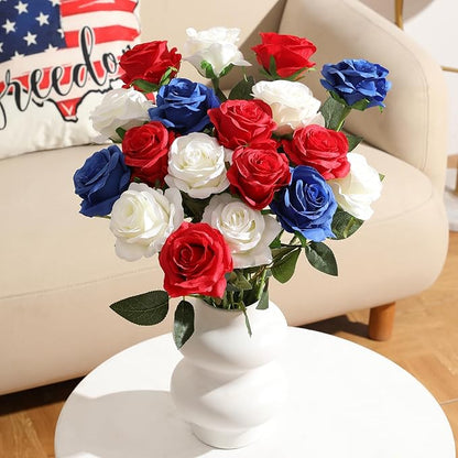 Nubry 50pcs Artificial Silk Roses Bulk,Fake Roses Flower with Stems Realistic Flowers for Wedding Centerpiece Home Party Decor(Red,White,Blue)