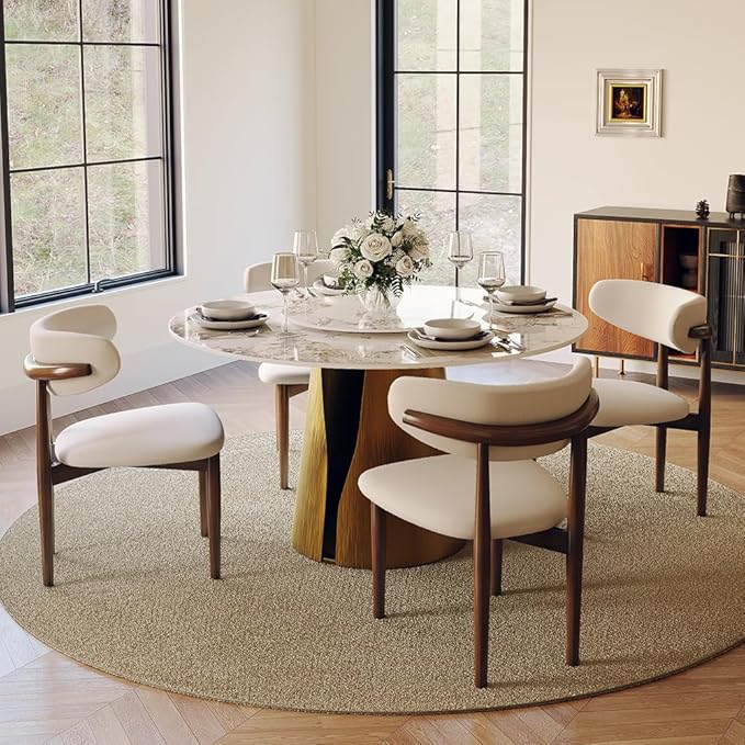 POVISON Round Dining Table for 4, 47" Modern Dining Room Table with 23" Lazy Susan, Pandora Sintered Stone Dining Tabletop with Black Carbon Steel Pedestal(Dining Table Only)