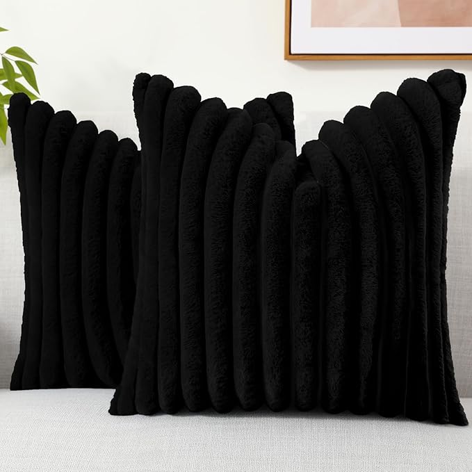 decorUhome Faux Fur Throw Pillow Covers 16x16 Set of 2, Decorative Soft Plush Striped Neutral Euro Pillow Covers with Velvet Back for Bed, Living Room Home Decor, Black