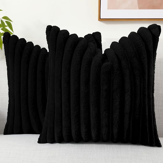 decorUhome Faux Fur Throw Pillow Covers 16x16 Set of 2, Decorative Soft Plush Striped Neutral Euro Pillow Covers with Velvet Back for Bed, Living Room Home Decor, Black