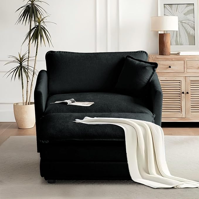 SoarFlash Chenille Sectional Sofa, Comfy Modular Single Sofa with Ottoman, Modern Recliner Deep Seat Sofa Set for Living Room,Black