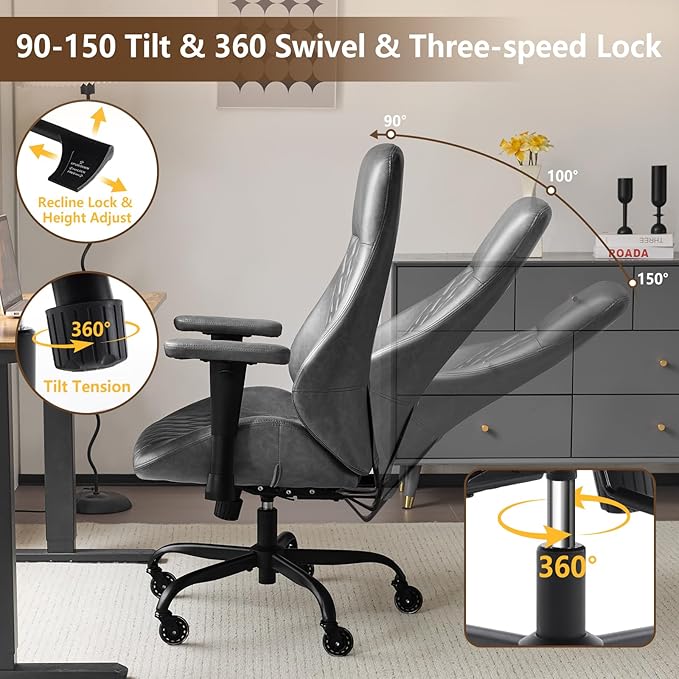 YFO Home Office Chair High Back Office Rubber Chair Casters Ergonomic Computer Chair with Lumbar Support Adjustable Height Rolling Swivel Chair Executive Task Armrests, Grey Leather