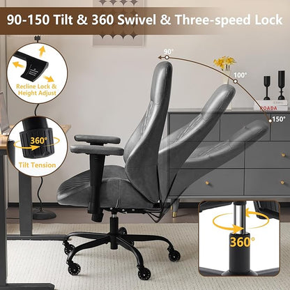 YFO Home Office Chair High Back Office Rubber Chair Casters Ergonomic Computer Chair with Lumbar Support Adjustable Height Rolling Swivel Chair Executive Task Armrests, Grey Leather