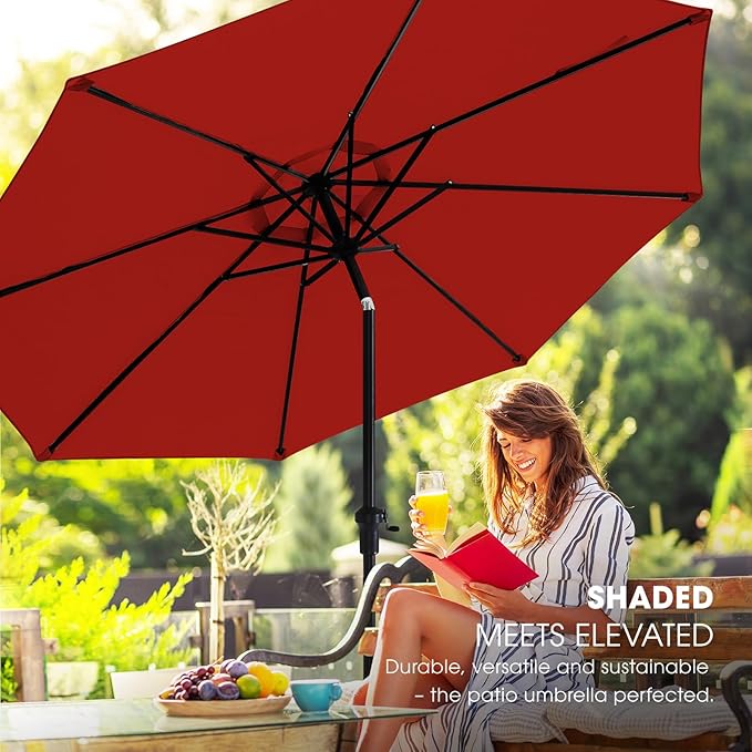 wikiwiki 11 FT Patio Umbrellas Outdoor Table Market Umbrella with Push Button Tilt/Crank,8 Sturdy Ribs, Fade Resistant Waterproof POLYESTER DTY Canopy for Garden, Lawn, Deck,Backyard & Pool,Bright Red
