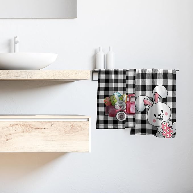 Easter Bunny Hand Towels 2 Pack Pickup Truck Decorative Buffalo Plaid Holiday Soft Absorbent Kitchen 14x28