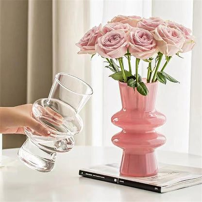 JSPYFITS Modern Glass Vases, 7.87" Tall Four-Layer Book Vase Bubble Flower Vases Decorative for Home Décor, Decorative Pink Glass Table Vase for Wedding Housewarming Gift