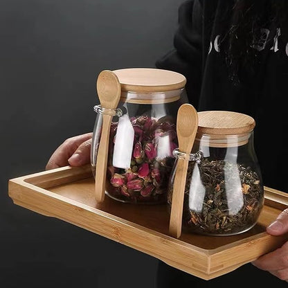 Airtight glass jar storage container with bamboo lid Set of 2, wide mouth, leak-proof, With a spoon, can be used for coffee beans, tea leaves, grains, dried fruits, etc (Middle)