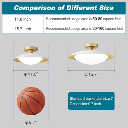 Dimmable Small Mid Century Modern Flush Mount Ceiling Light with Acrylic Shade,White and Gold LED Ceiling Lights,5CCT 2700K-6000K Light Fxiture for Hallway Entryway Bedroom Kitchen Laundry Room 11.8in