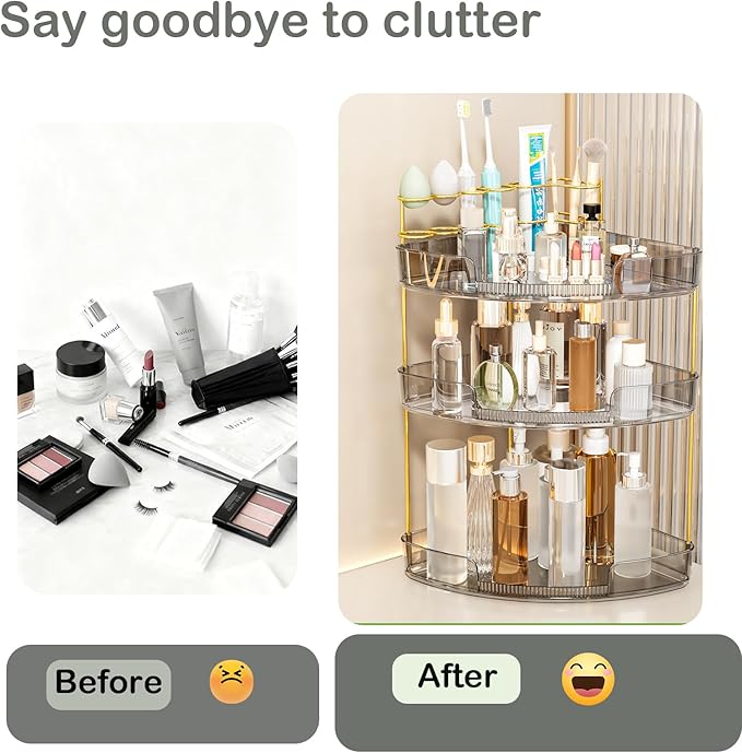 FELIZHOUSE 3-Tier Makeup Organizer for Vanity & Bathroom Countertop – Acrylic Storage Shelf with Perfume Makeup Brush Holder, Tool-Free Installation, Design for Bathroom & Dresser - Grey