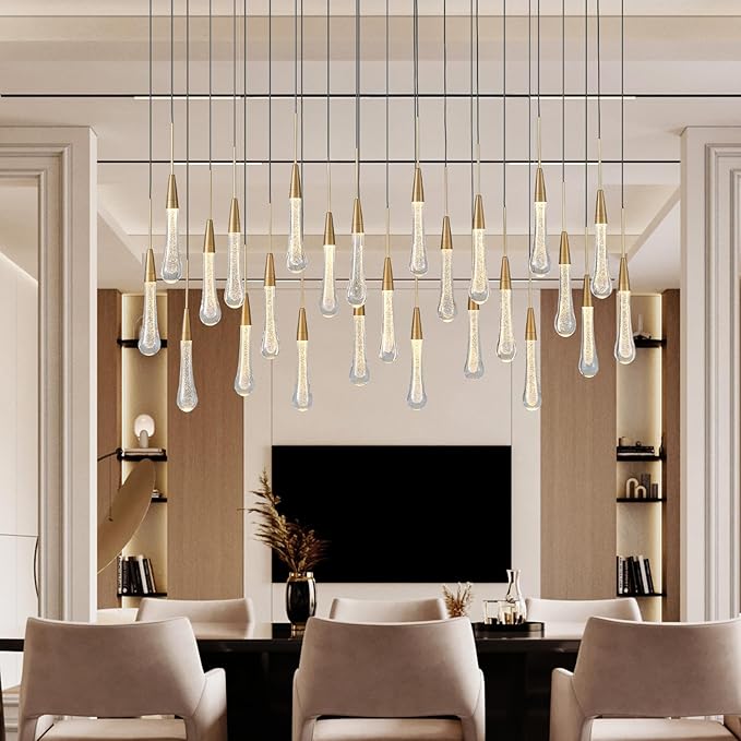 25-Lights Rectangle Gold Raindrop Chandelier with Glass, Luxury Farmhouse Large Linear Chandeliers for Dining Room Over Table, Brass Pendant Ceiling Light Fixture for Kitchen Island