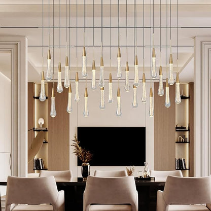 25-Lights Rectangle Gold Raindrop Chandelier with Glass, Luxury Farmhouse Large Linear Chandeliers for Dining Room Over Table, Brass Pendant Ceiling Light Fixture for Kitchen Island