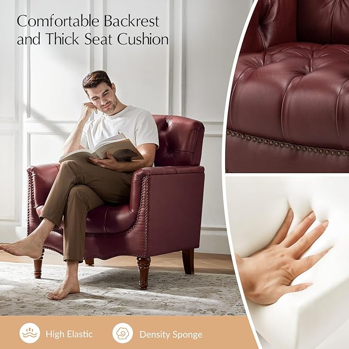 HULALA HOME Mid Century Modern Leather Club Chairs Set of 2, Top-Grain Genuine Leather Armchairs with Button-Tufted Back & Solid Wood Legs, Accent Chairs for Living Room/Bedroom/Home Office, Burgundy