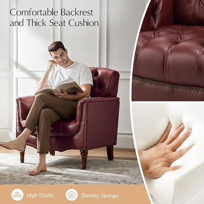 HULALA HOME Mid Century Modern Leather Club Chairs Set of 2, Top-Grain Genuine Leather Armchairs with Button-Tufted Back & Solid Wood Legs, Accent Chairs for Living Room/Bedroom/Home Office, Burgundy
