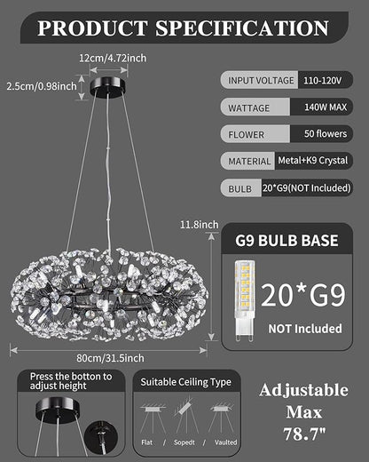 Modern Firework Chandelier, Farmhouse Black Crystal Round Dandelion Sputnik Chandeliers, 31.5" Contemporary 20-Light Pendant Hanging Lighting for Dining Room Kitchen Bedroom Living Room