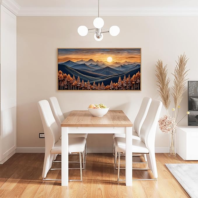 HOURIA Large Woodland Mountain Sunset Framed Canvas Wall Art Set,Wilderness Wooden Forest Landscape Wall Decor,Nature Botanical Artwork,Boho Pine Tree Art Print for Living Room,Bedroom- 40"x20"x1