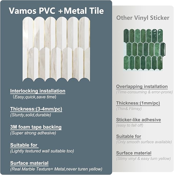 Vamos Tile Peel and Stick Backsplash Seamless Tile for Kitchen and Bathroom,White and Glossy Wooden Marble PVC Mixed Light Gold Self Adhesive Fish Scale Metal Mosaic Tiles (10 Sheets)