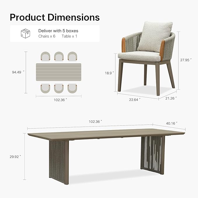 PURPLE LEAF Outdoor Dining Table Set for 6, Aluminum Outdoor Patio Table and Chairs Set with Olefin Cushions, 7 Pieces Patio Furniture Set for Garden or Deck, Beige