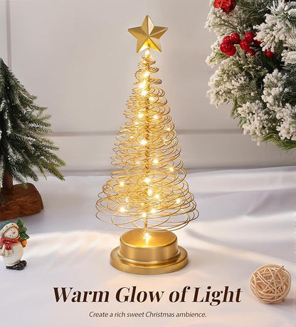 Lewondr Christmas Tree Light, 13 Inch Spiral Christmas Tree Desk Decorative Light, Battery Powered Star Table Lamp with Metal Stand Home Bedroom Decor Xmas Ornament, Gold