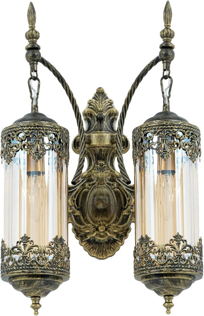 Rustic Wall Sconce with Amber Glass Vintage 2-Lights Antique Gothic Wall Light Fixture Retro Mid Centry Lantern Wall Sconce for Bedroom, Living Room, Mirror, Brush Gold, E12