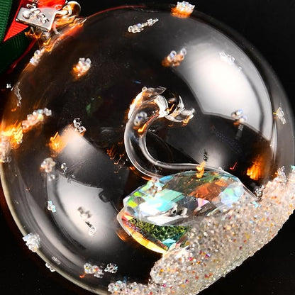 2025 Crystal Clear Glass Ball Christmas Ornament, Modern Tree Decoration with Red Ribbon (Swan)