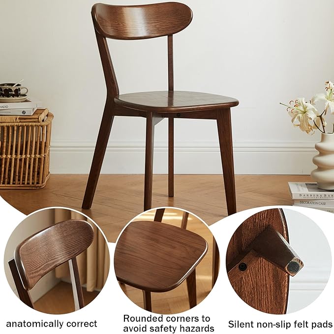 Oak Dining Chairs, Kitchen Chairs, 100% Solid Wood Modern Dinner Chair with Curved Backrest, Dining Room Chair for Kitchen, Living Room, Study (4PK, Walnut)