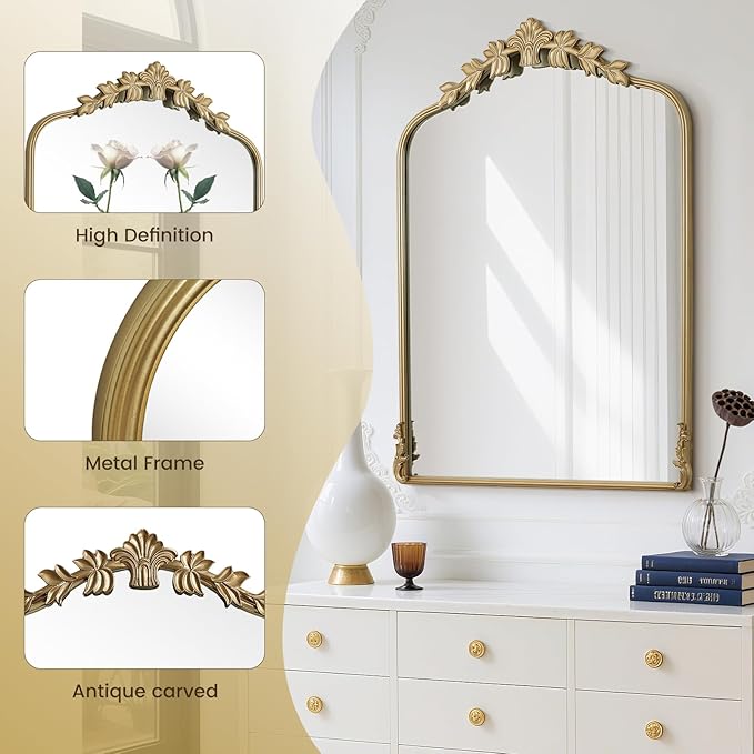 WallBeyond Gold Antique Mirror for Vanity 28x36 Inch, Gold Vintage Mirror with Ornate Frame, Arched Vintage Wall for Bathroom, Living Room, Fireplace