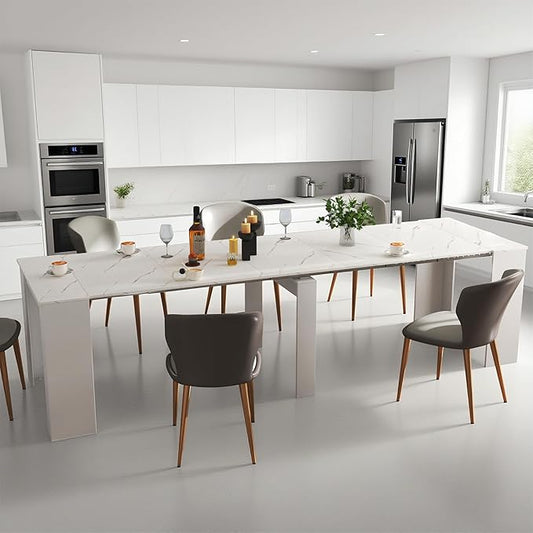 20''- 118.5'' Extendable Dining Room Table, Expandable Dining Table, Modern Large Table, for 2-12 Person, White Marble