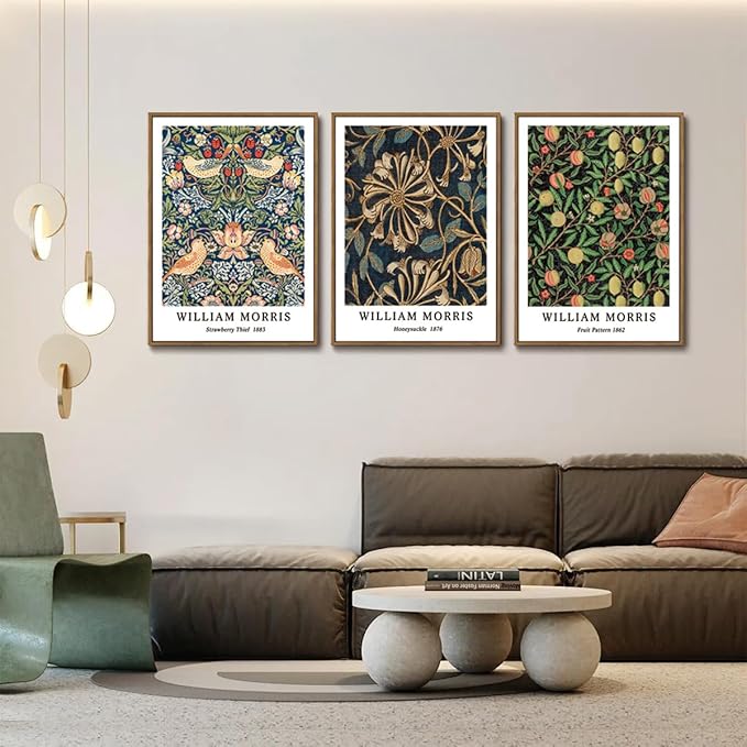 ILLBDR William Morris Framed Wall Art Vintage Botanical Canvas Wall Art Set of 3 Gold Strawberry Thief Prints Cotton Artwork Birds Pictures Decor for Bedroom Living Room 16x24 Inch