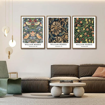 ILLBDR William Morris Framed Wall Art Vintage Botanical Canvas Wall Art Set of 3 Gold Strawberry Thief Prints Cotton Artwork Birds Pictures Decor for Bedroom Living Room 16x24 Inch