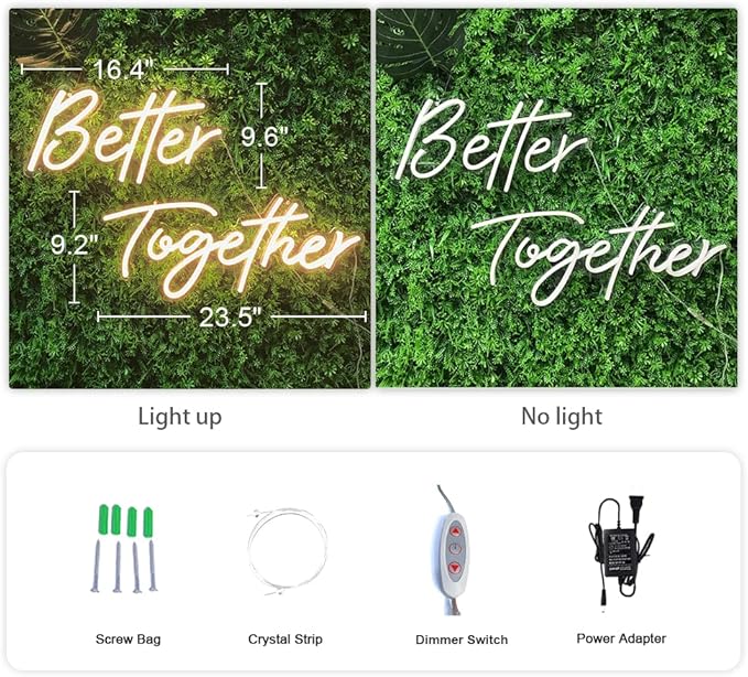 Divatla Better Together Warm White Neon Sign Wall Sign for Wedding Decorations, 16''*9'' & 23''*9'' Backdrop, Bedroom Wall Decor LED Tube Sign Large Enough for Decoration