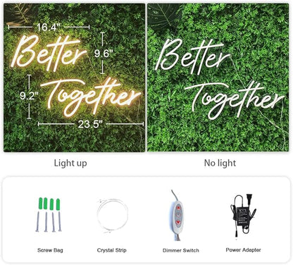 Divatla Better Together Warm White Neon Sign Wall Sign for Wedding Decorations, 16''*9'' & 23''*9'' Backdrop, Bedroom Wall Decor LED Tube Sign Large Enough for Decoration