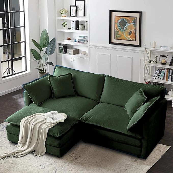 SoarFlash Chenille Sectional Sofa, Comfy L Shaped Modular Coush Sofa with Ottoman, Modern 2 Seat Couch Deep Seat Sofa Set for Living Room,Green