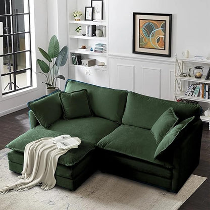 SoarFlash Chenille Sectional Sofa, Comfy L Shaped Modular Coush Sofa with Ottoman, Modern 2 Seat Couch Deep Seat Sofa Set for Living Room,Green