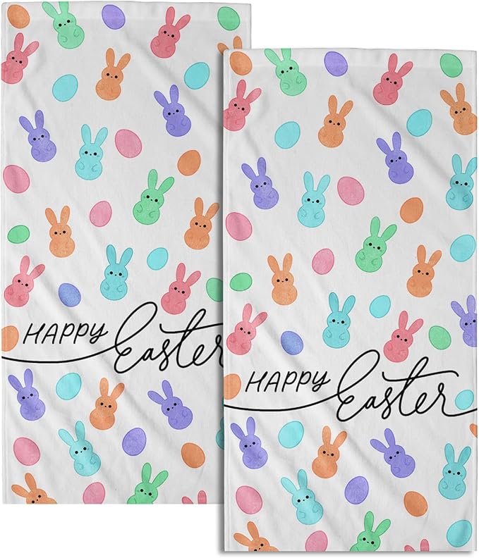 Happy Easter Hand Towels Set of 2 Colorful Cartoon Rabbit Egg Spring Holiday