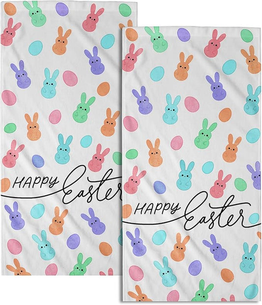 Happy Easter Hand Towels Set of 2 Colorful Cartoon Rabbit Egg Spring Holiday