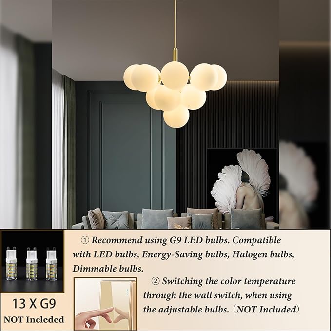 Mid Century Modern Chandelier 13-Light Brass Gold Pendant Lighting Fixture for Dining Room, Kitchen Island, Bedroom, Living Room