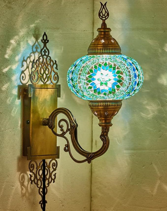 Turkish Moroccan Mosaic Plug-in Wall Sconce Lamp, Handmade Tiffany-Style Glass Globe, Ornate Brass Base, 5.2-ft Cord, Decorative Lighting for Living Room, Bedroom, Dining Room, 15x5, Teal-Turquoise