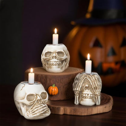 Halloween Skull Candle Holder, Skeleton Head Candlestick Holders Table Decor Centerpiece Candlesticks, Resin Horrible Spooky Creepy Crafts for Flameless Candle Halloween Christmas Home Party, Set of 3