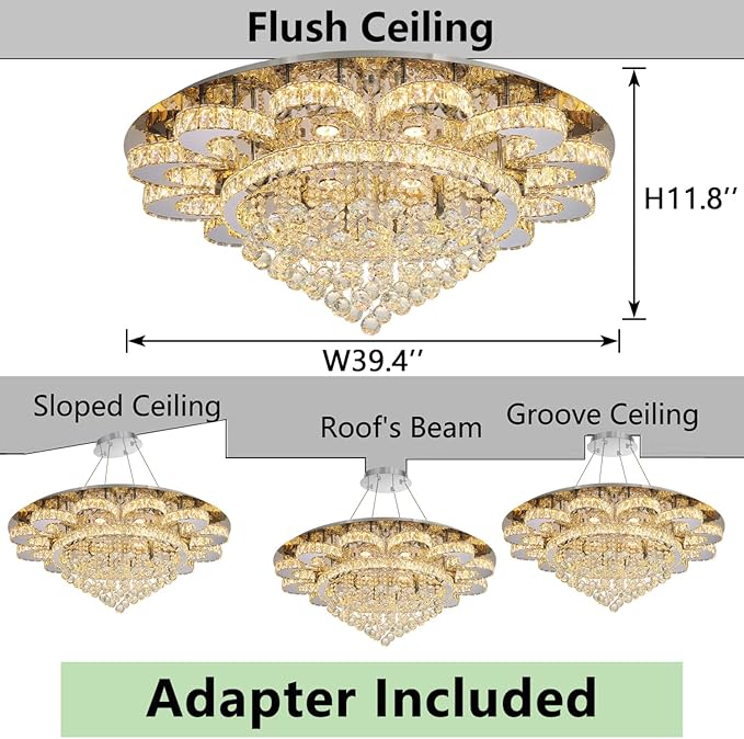 Modern Chandelier Living Room Light Glam Chandeliers Ceiling Light Fixture Remote Dimmable Lights 40 Inches Luxury Crystal Silver Dining Room Lights